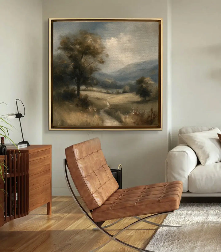 Cuadro Fading Fields en salón moderno — decoración de pared vintage con tonos tierra | Massinart