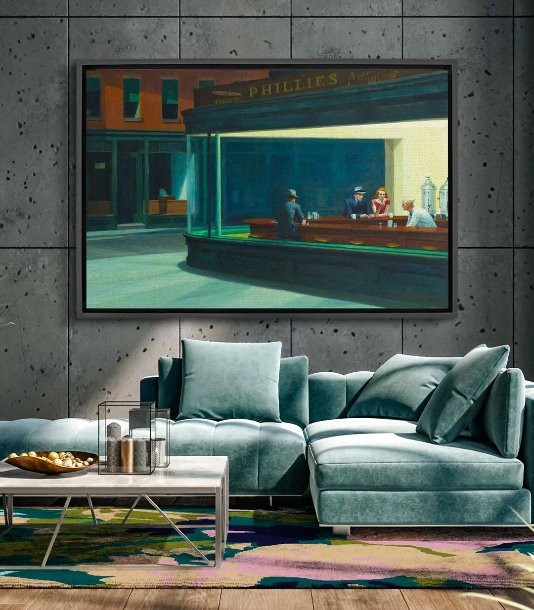 Cuadro Nighthawks en salón moderno — decoración mural urbana vintage, Massinart