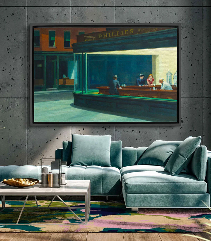 Cuadro Nighthawks en salón moderno — decoración mural urbana vintage, Massinart