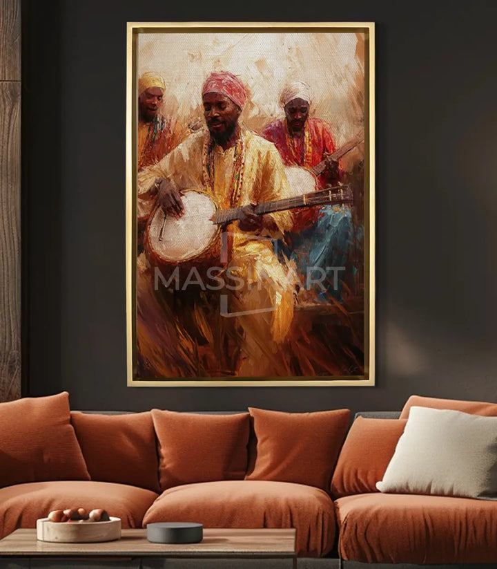 Gnawa Spirit en salón moderno con paredes grises y sofá terracota, decoración mural Massinart