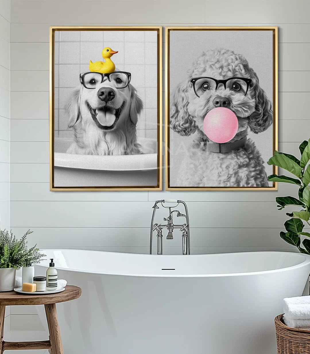 Retrato animalero díptico perro con gafas, arte mural humorístico — Massinart