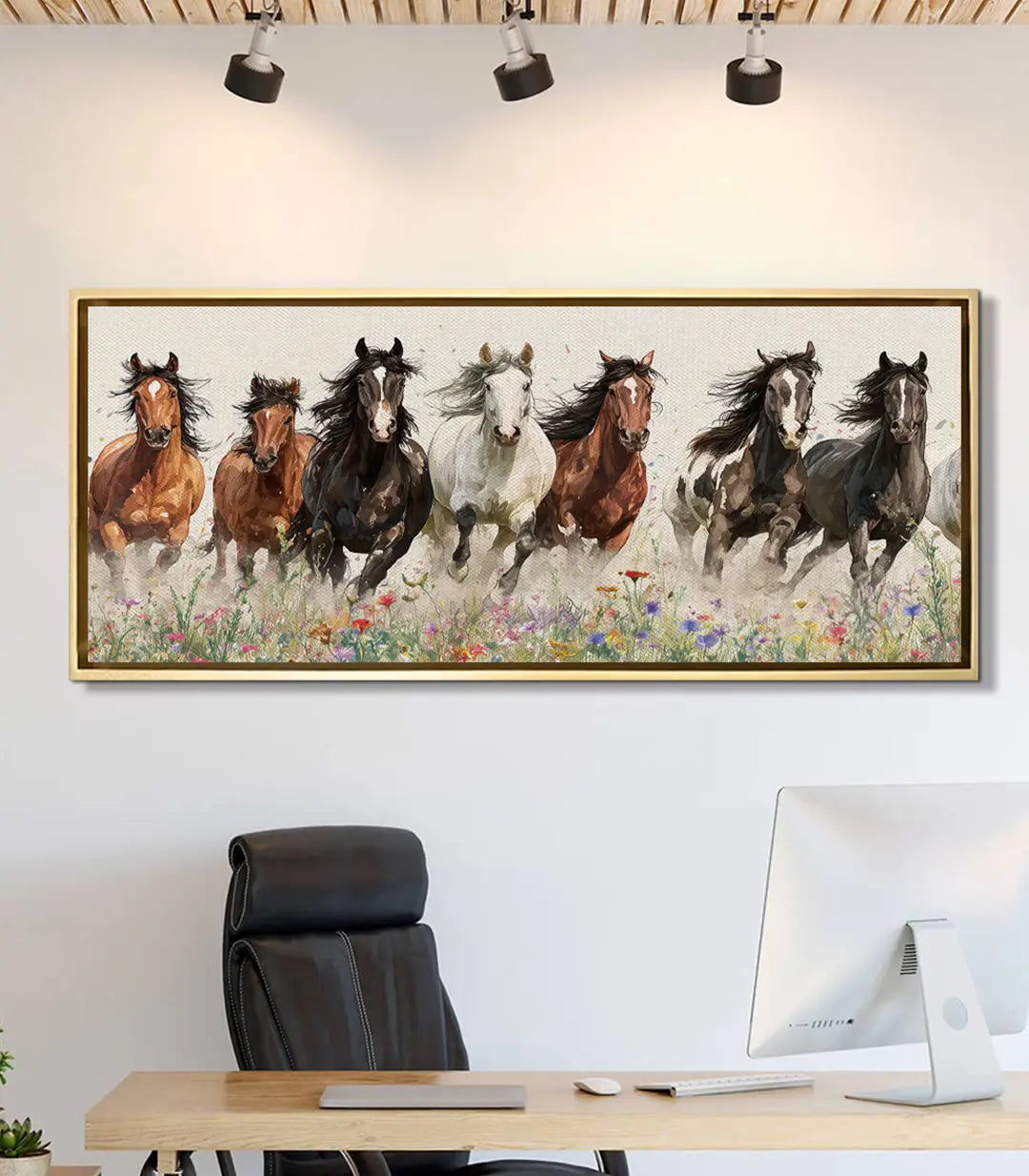 Cuadro de caballos salvajes en decoración de despacho moderno, lienzo panorámico Wild Souls Massinart