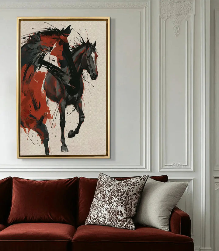 Cuadro de caballo moderno en rojo decorando un salón contemporáneo — Massinart