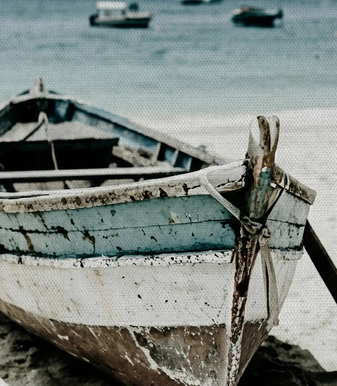 Cuadro tríptico Old Boat expuesto sobre sofá en salón moderno con decoración costera