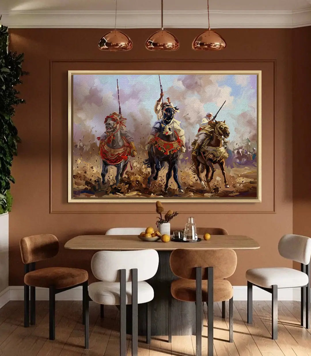 Decoración interior comedor con lienzo Baroud, cavaliers en batalla de estilo orientalista — Massinart