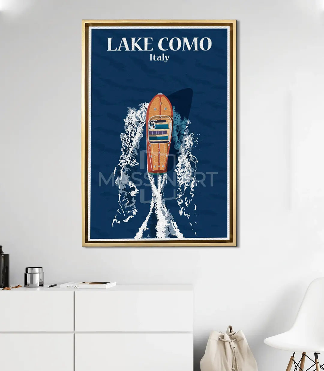 Detalle del lienzo Lake Como — impresión en canvas 80% algodón con tonos azul y blanco roto