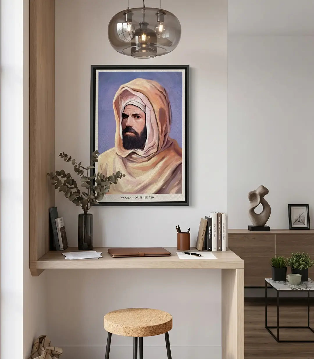 Cuadro retrato de Moulay Idriss I con vestimenta tradicional marroquí sobre fondo lavanda, estilo pictórico elegante