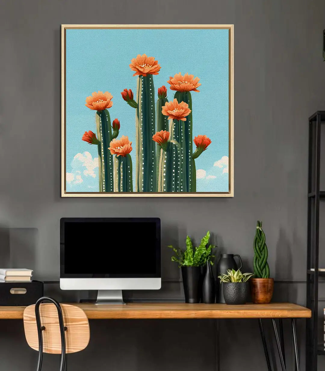 Cuadro Floral Cactus Massinart — detalle flores naranja y cactus minimalista