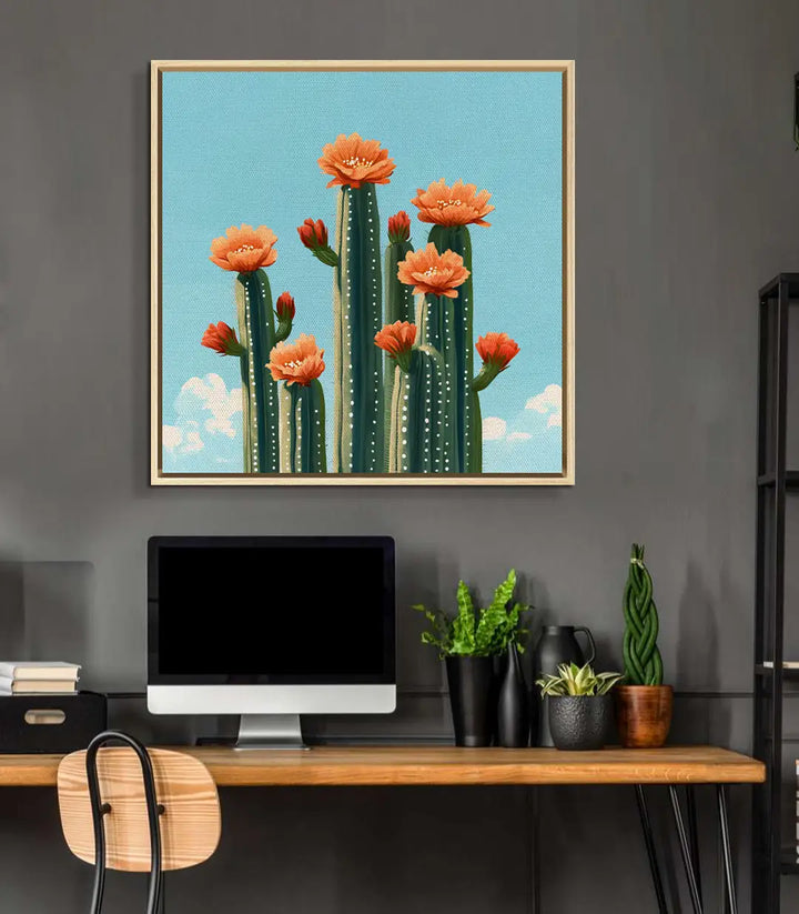 Cuadro Floral Cactus Massinart — detalle flores naranja y cactus minimalista