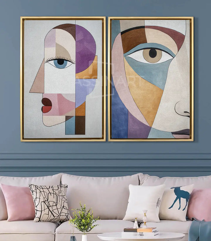 Díptico Cubic Stare en salón moderno — decoración de pared con retrato abstracto cubista Massinart