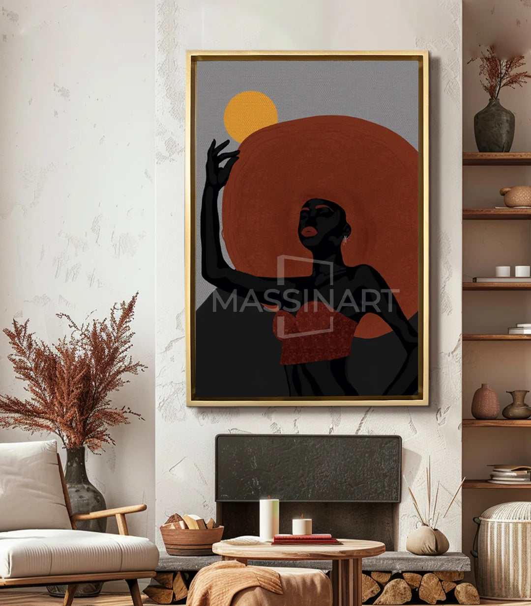 Cuadro Solar Queen en salón moderno, decoración de pared sobre sofá, Massinart