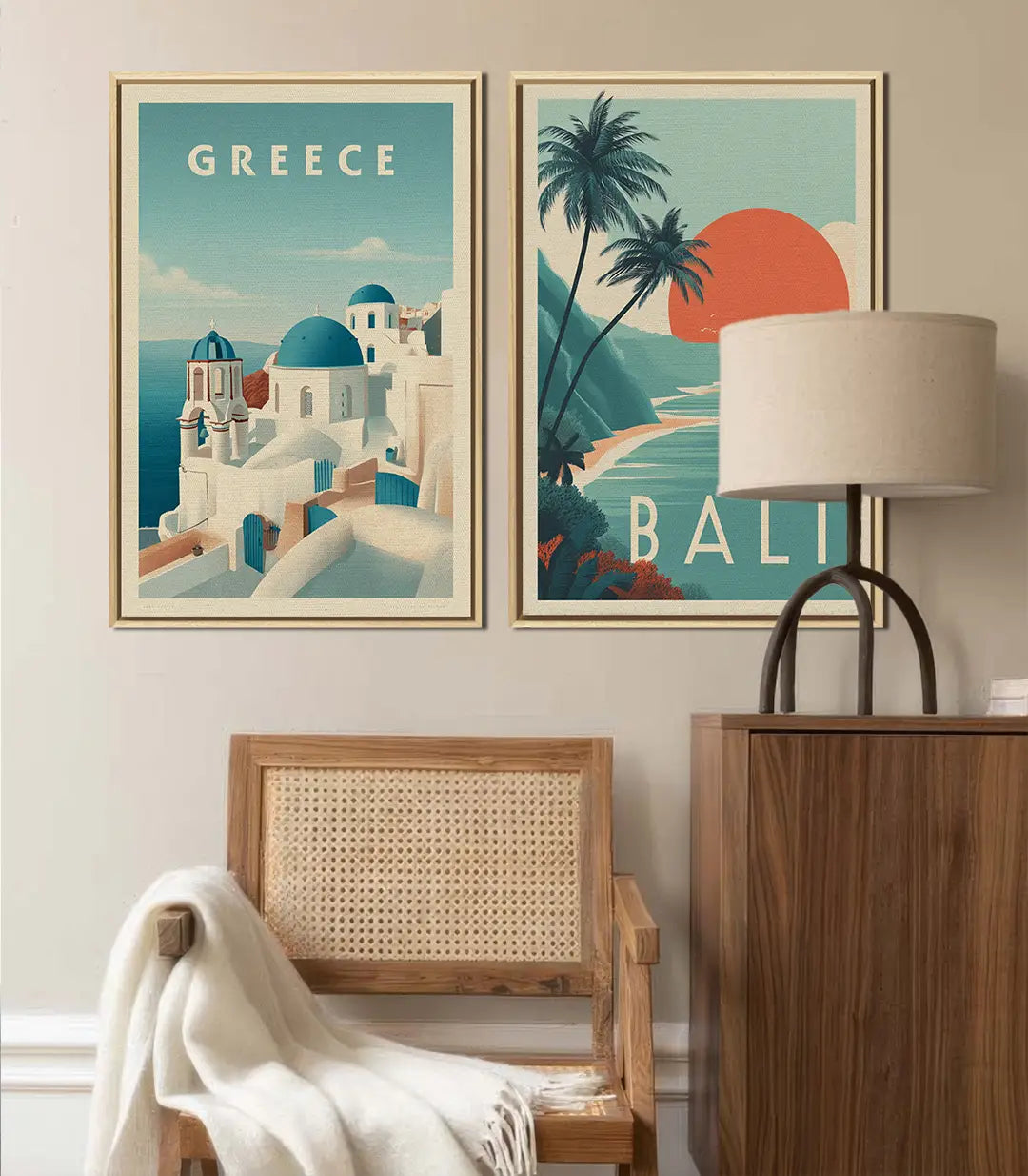 Díptico Blue Islands en salón moderno — cuadros decorativos sobre sofá, decoración mural mediterránea