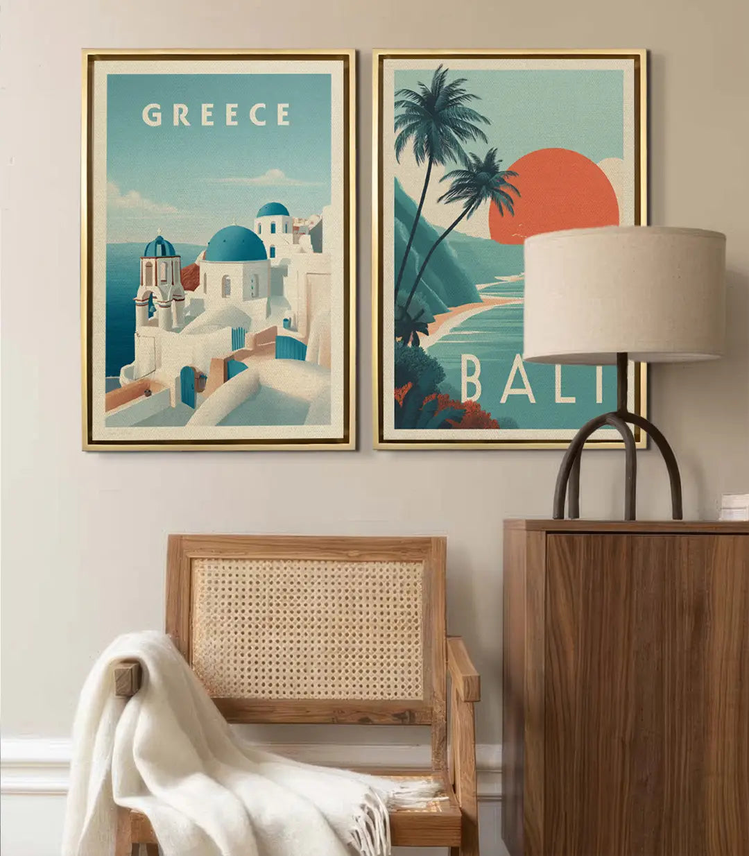 Cuadro lámina estilo vintage Bali — palmeras y atardecer naranja, cartel de viaje retro, Massinart