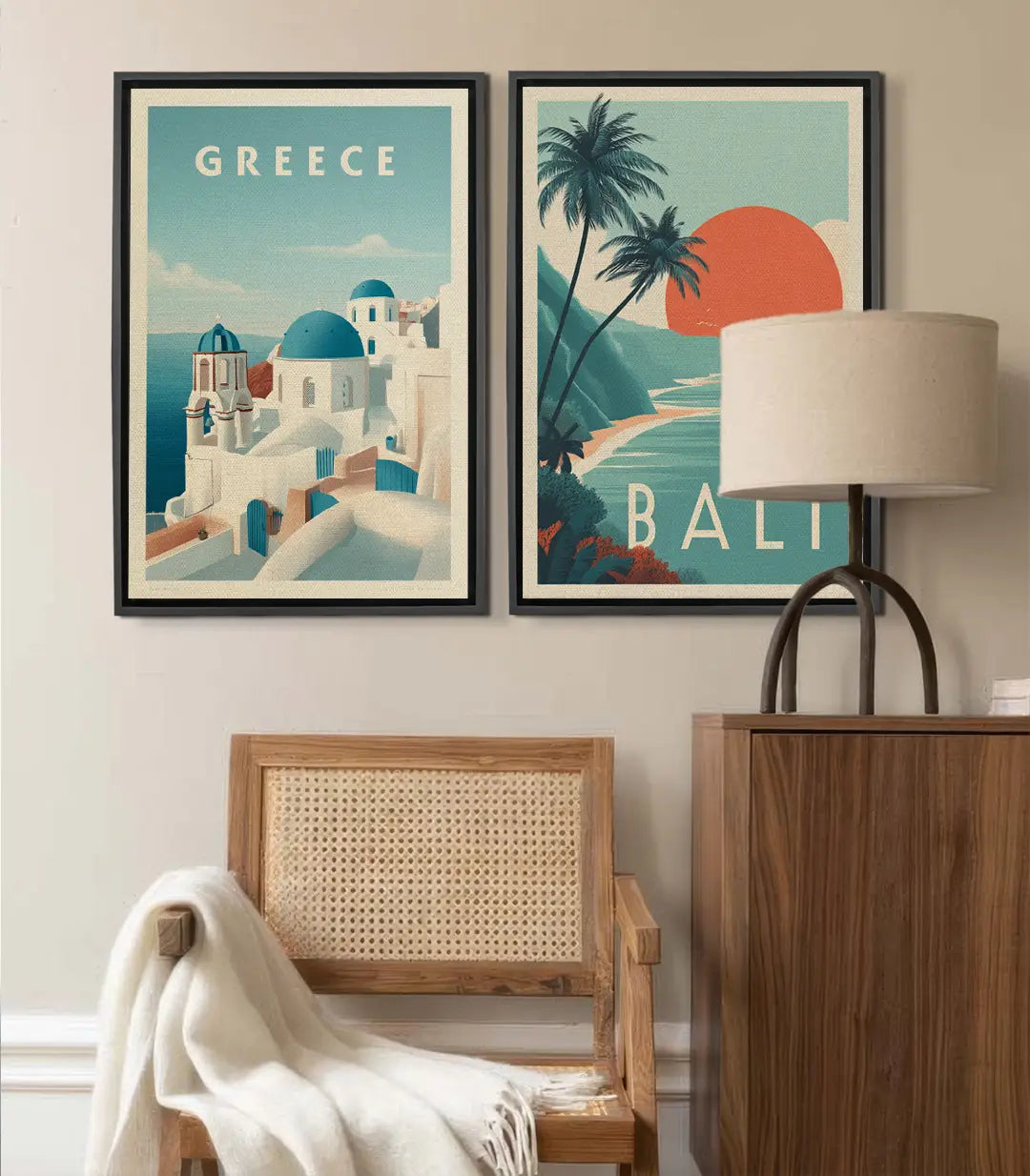 Cuadro lámina estilo vintage Grecia — iglesia blanca con cúpulas azules, estética art déco retro, Massinart