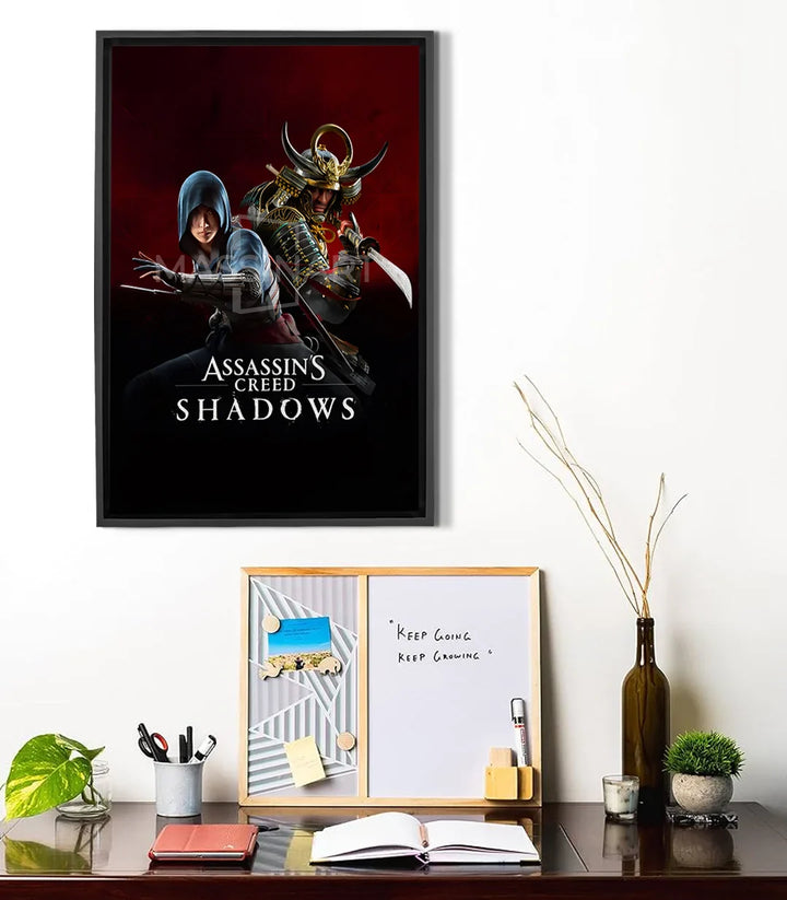 Cuadro AC Shadows póster gaming samurái en tonos burdeos y dorado — Massinart