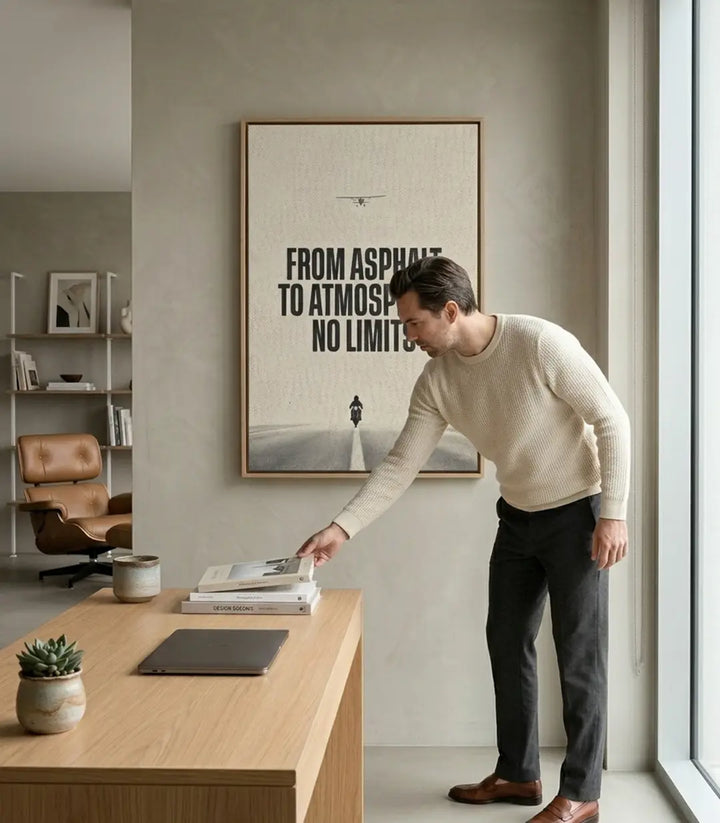 Cuadro motivacional No Limits en decoración de oficina moderna con marco negro sobre escritorio — Massinart
