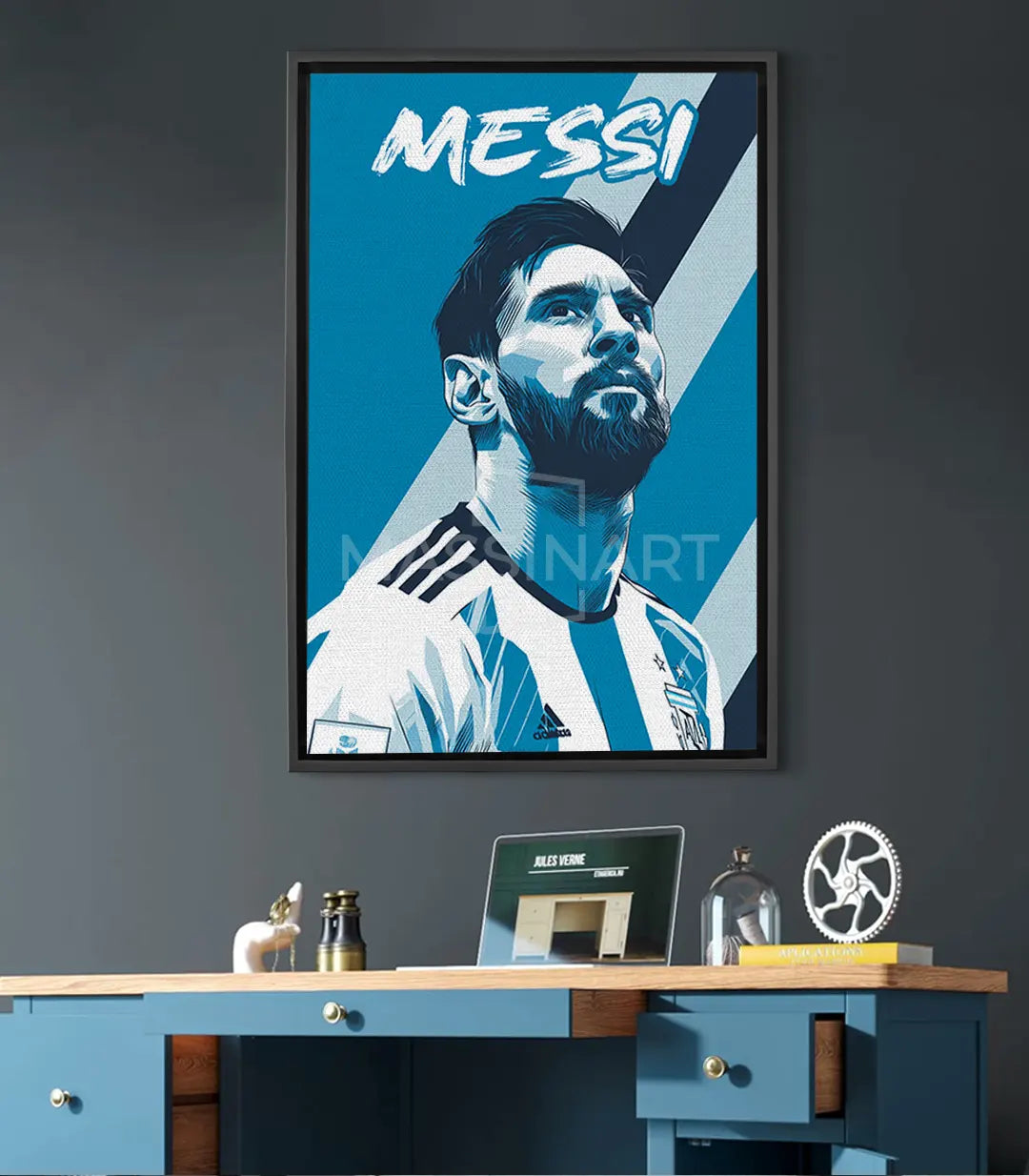 Cuadro retrato Messi pop-art azul gris vertical Massinart