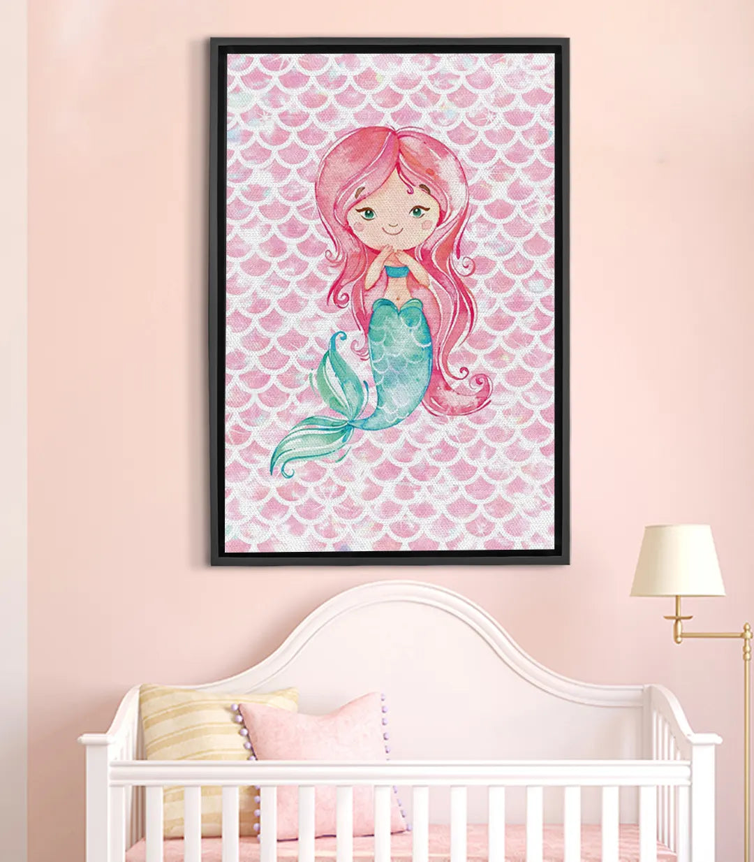 Cuadro sirena rosa con cabello largo y cola irisada, ilustración fantástica Massinart