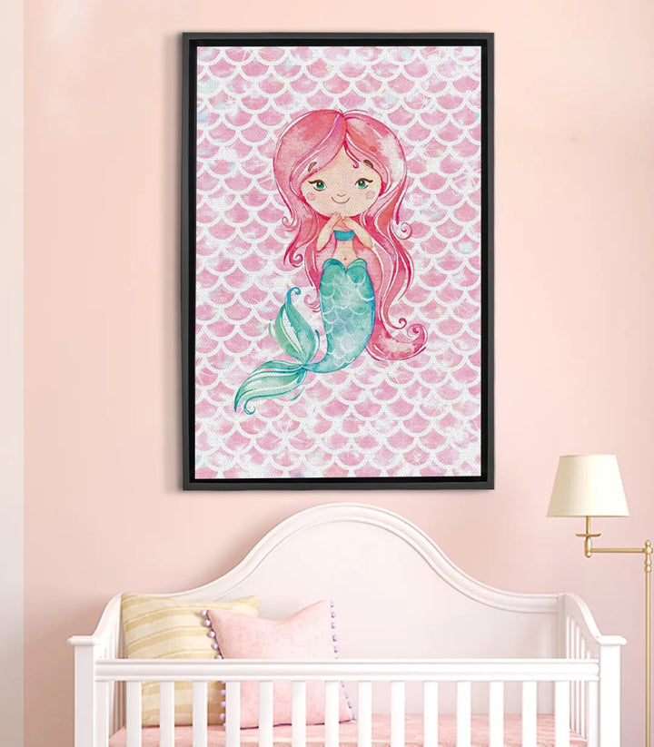 Cuadro sirena rosa con cabello largo y cola irisada, ilustración fantástica Massinart