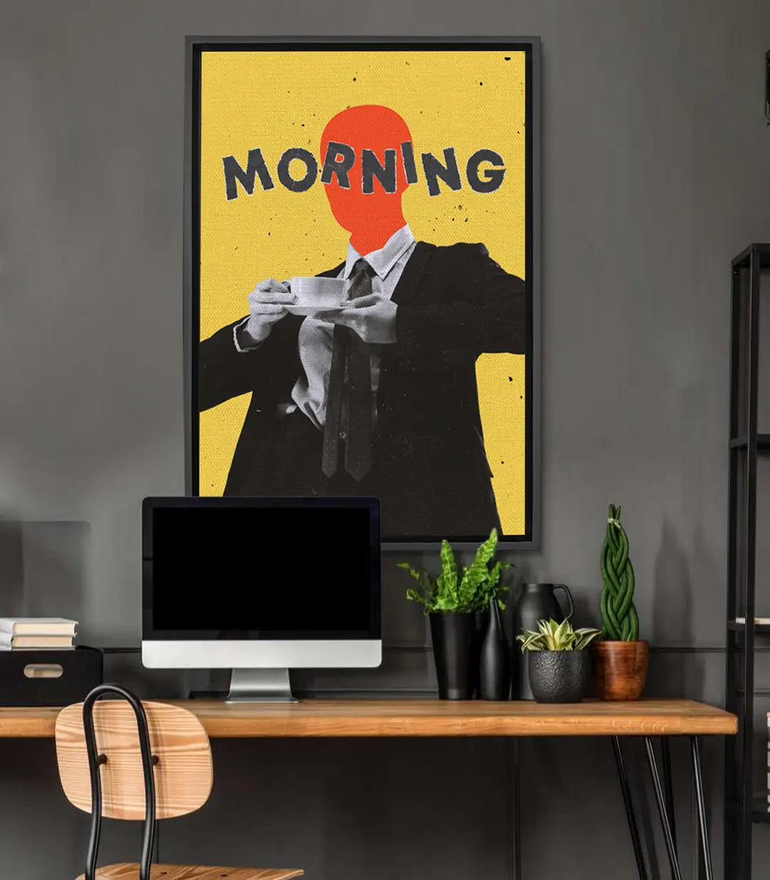 Cuadro Morning pop-art vertical, figura en negro y fondo amarillo intenso — Massinart