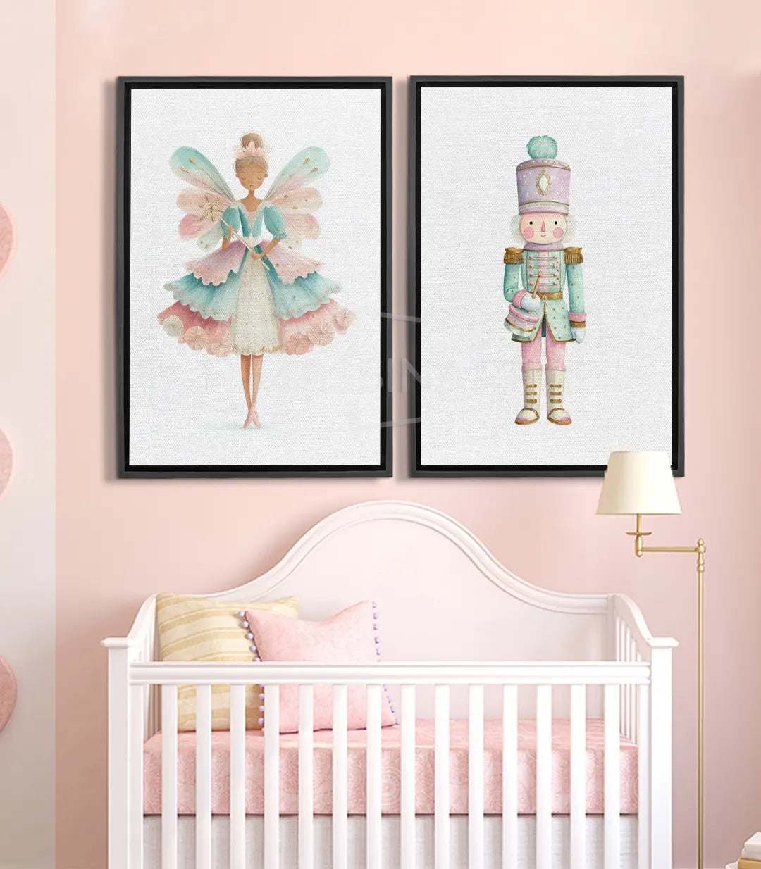 Cuadro Fairy Guard díptico — Hada de alas en tonos turquesa y rosa con vestido multicolor, Massinart