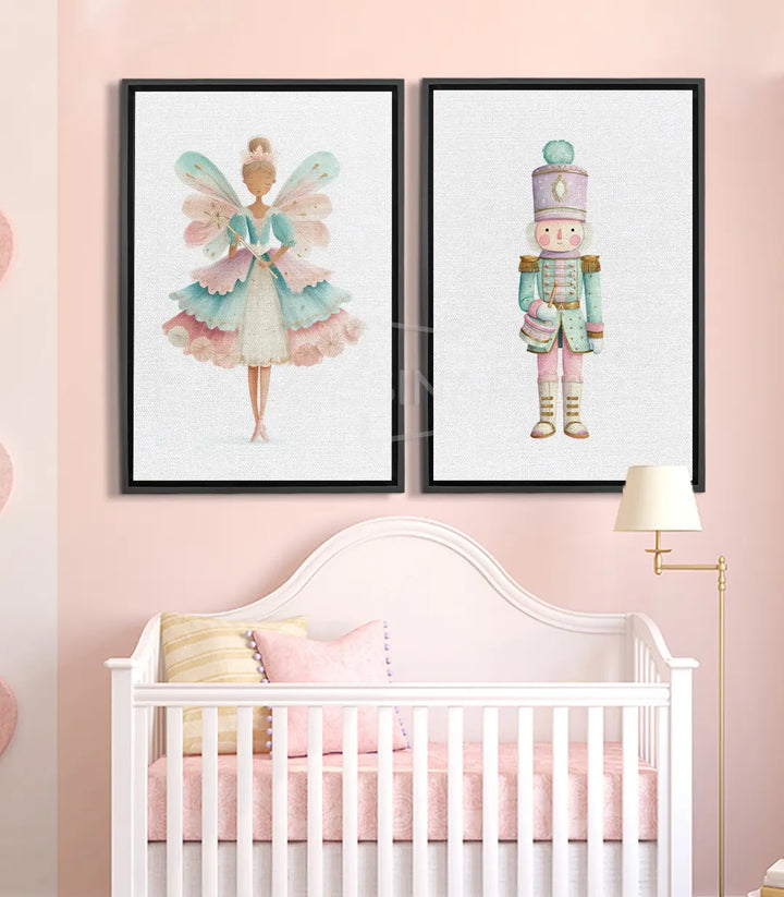 Cuadro Fairy Guard díptico — Hada de alas en tonos turquesa y rosa con vestido multicolor, Massinart