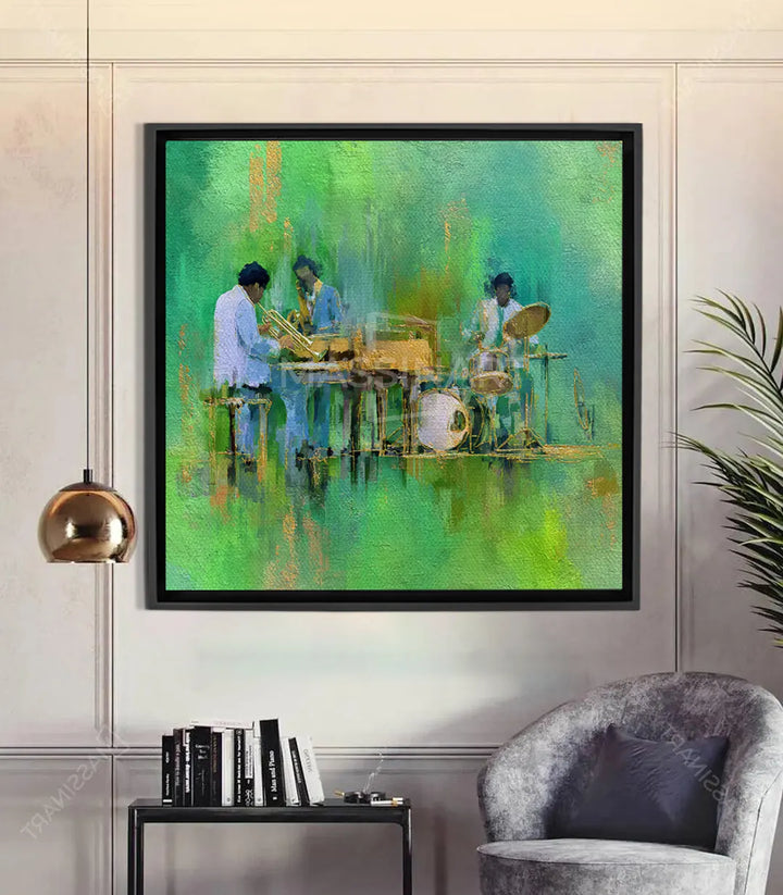 Green Jazz – cuadro abstracto expresionista con músicos de jazz en tonos verdes y dorados