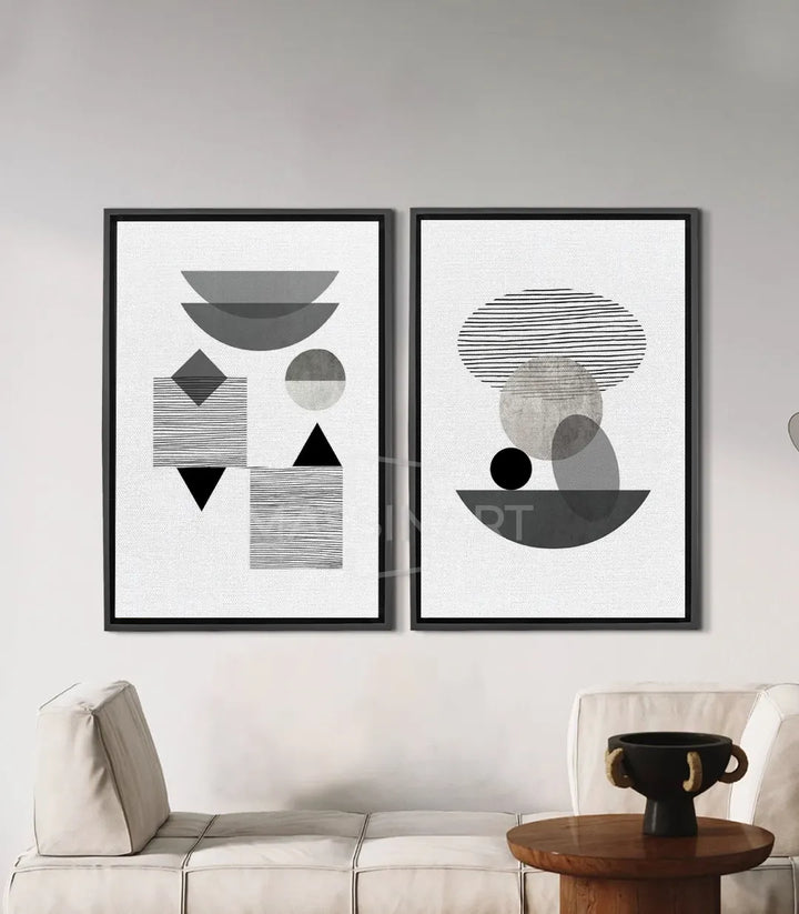 Grey Balance – cuadro díptico abstracto minimalista en tonos gris para salón moderno