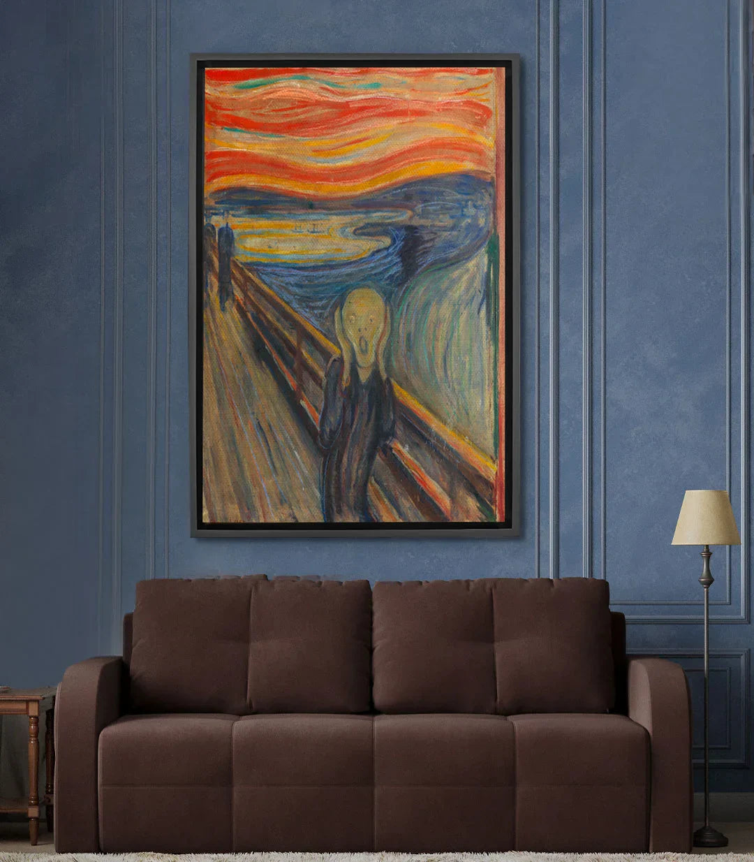 Ambientación salón moderno con cuadro El Grito expresionista enmarcado en negro, decoración mural Massinart
