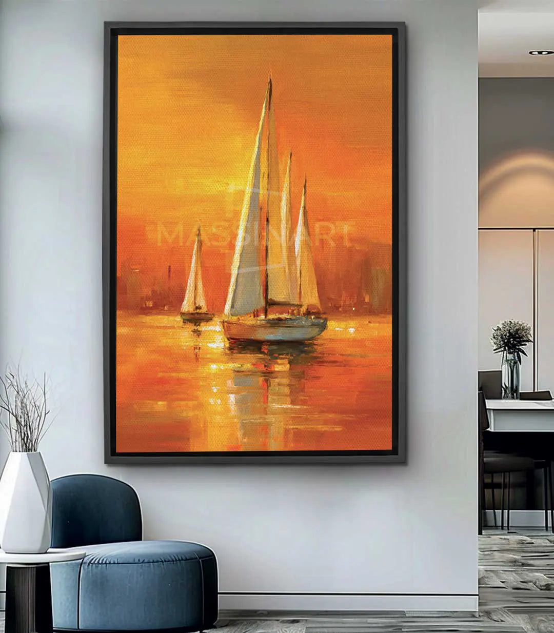 Cuadro Golden Sail Massinart — tres veleros sobre mar dorada con cielo naranja en atardecer impresionista