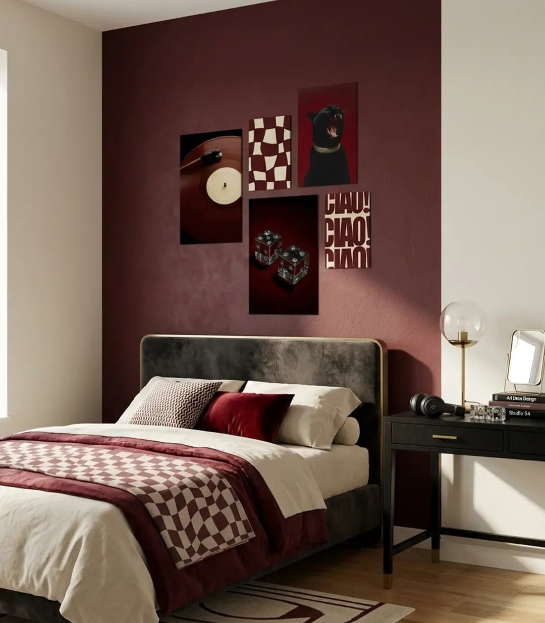 Cuadro Velvet dados vintage sobre fondo burdeos — estilo retro Massinart