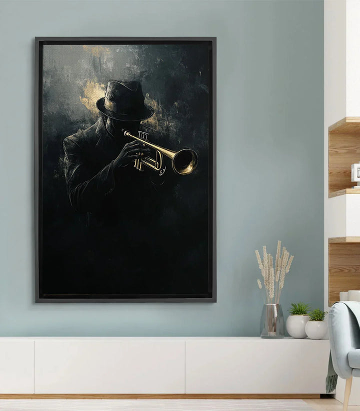 Cuadro Soul in Brass — músico tocando la trompeta, fondo negro, estilo expresionista
