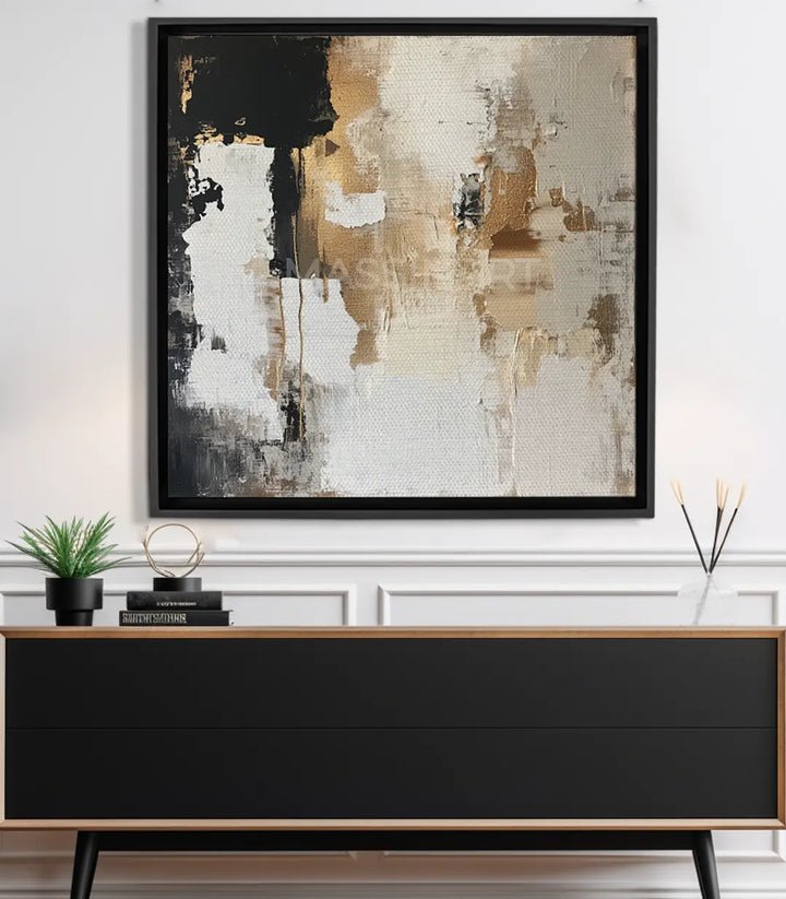 Cuadro abstracto Worn Walls textura muro envejecido beige negro blanco Massinart