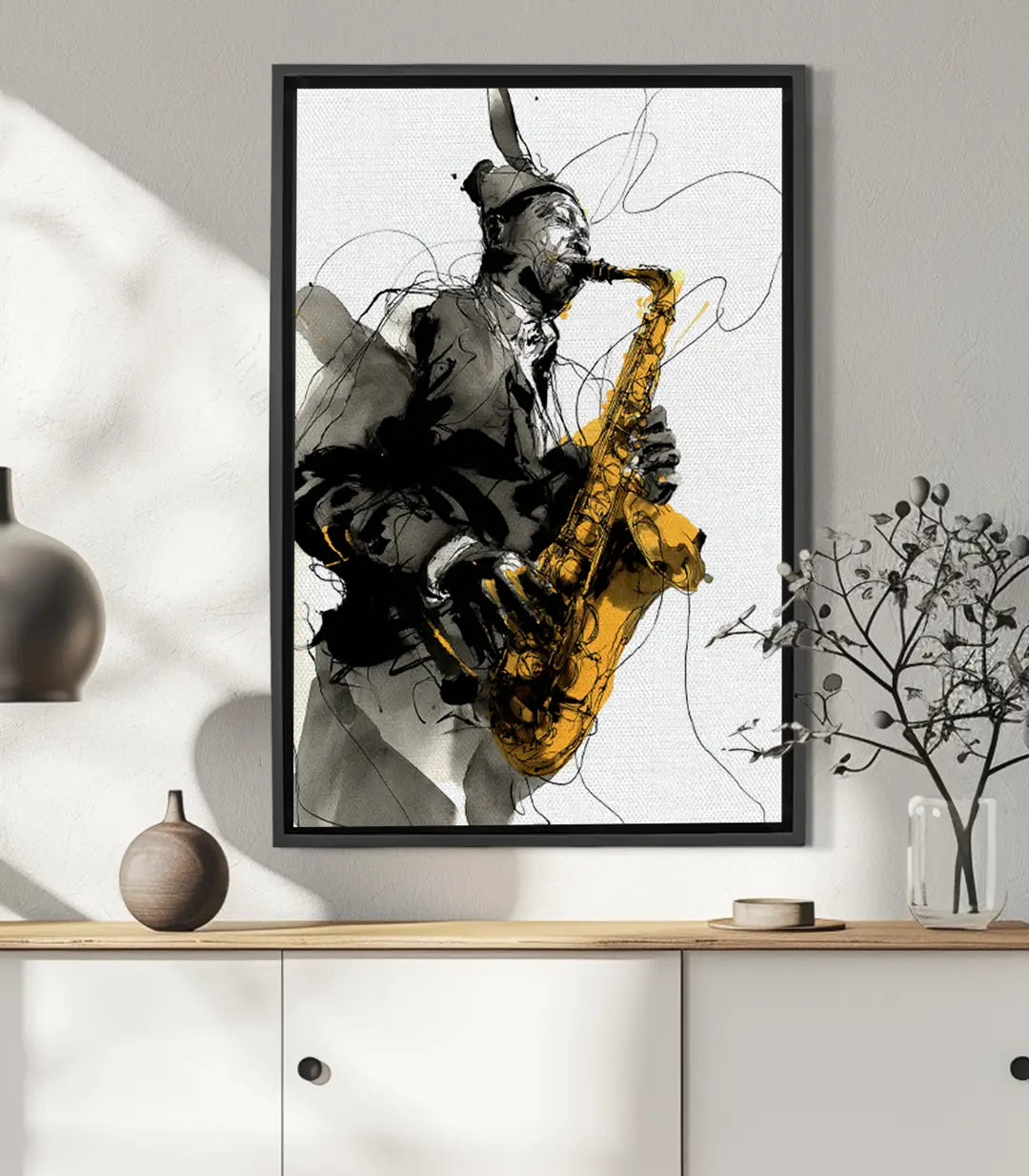 Cuadro Jazz Reverie — retrato expresionista de músico con saxofón en negro y amarillo, Massinart