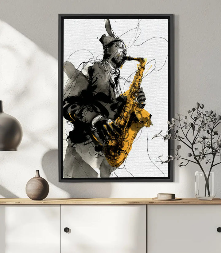 Cuadro Jazz Reverie — retrato expresionista de músico con saxofón en negro y amarillo, Massinart