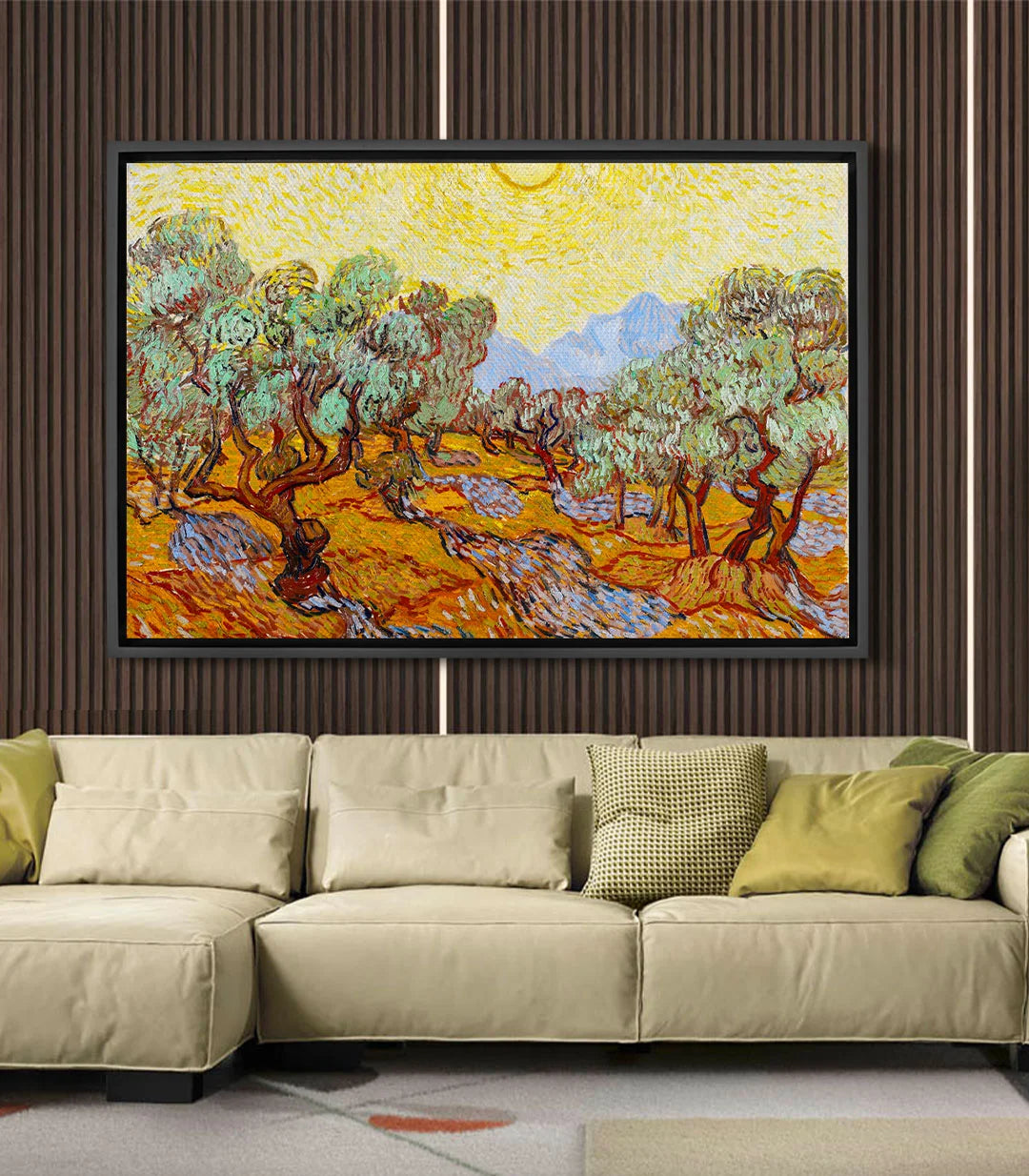 Cuadro Olive Trees en ambientación, decoración de salón moderno en formato horizontal — Massinart