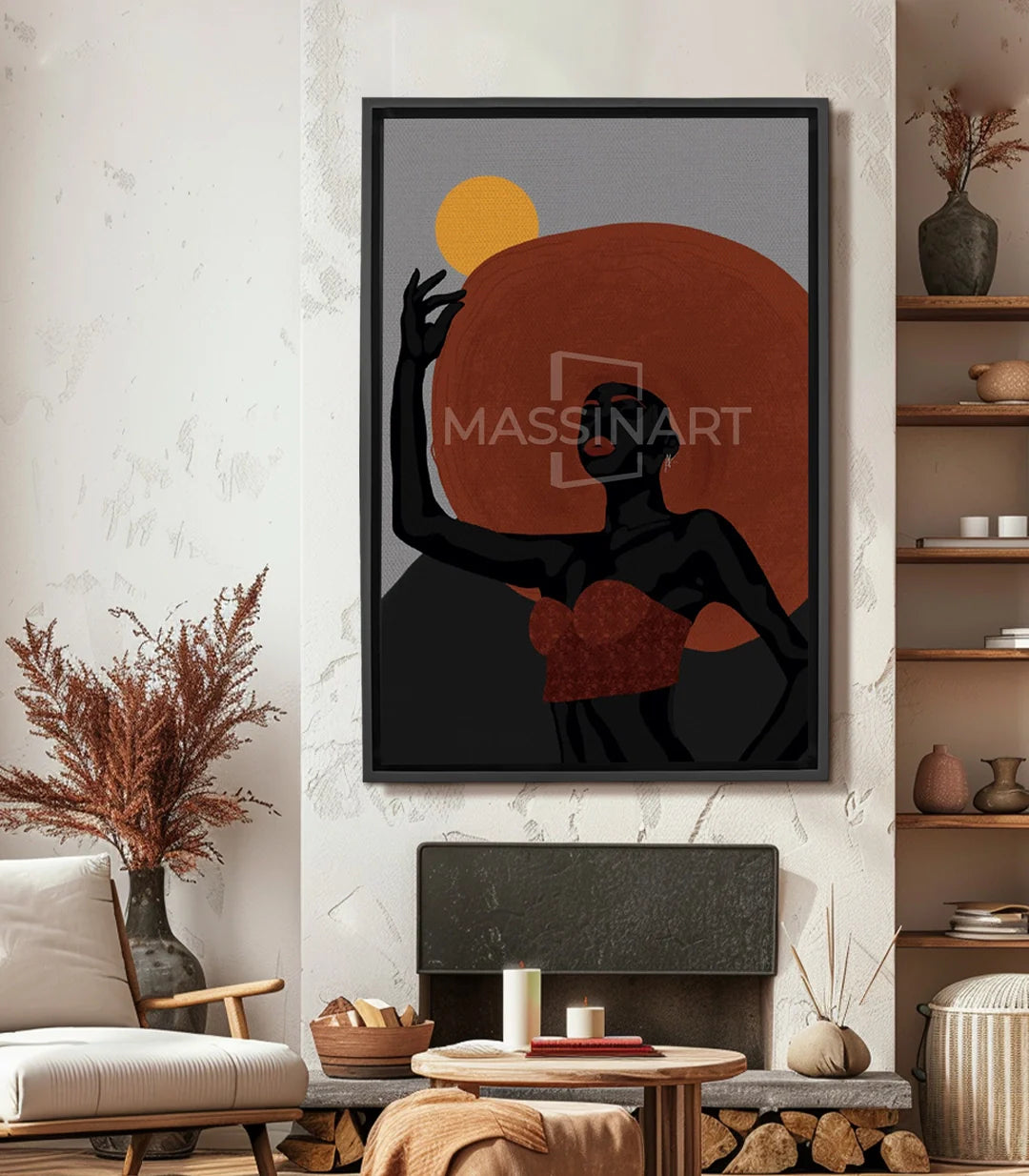 Cuadro Solar Queen Massinart — silueta femenina negra frente al sol, tonos terracota y gris, estilo minimalista