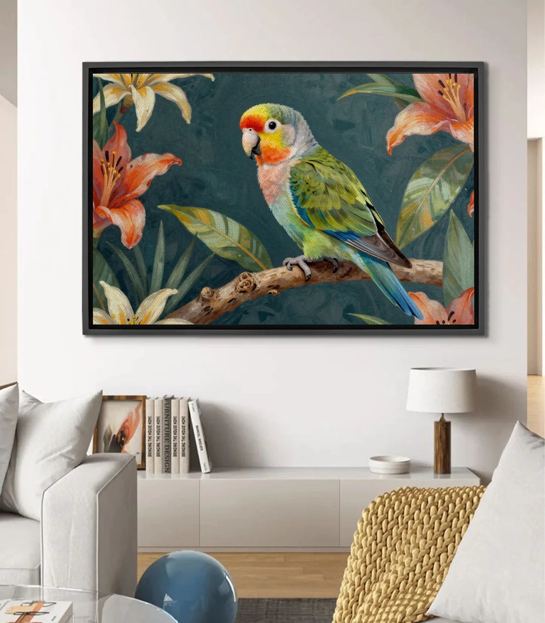 Cuadro Parrot Bloom loro tropical entre flores — pintura figurativa detallada pájaro verde amarillo rojo Massinart