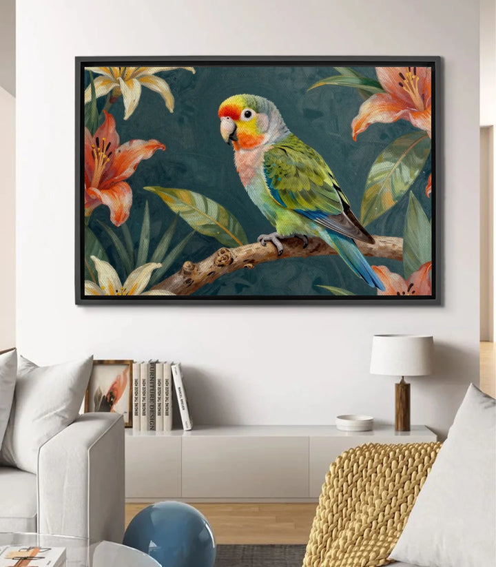 Cuadro Parrot Bloom loro tropical entre flores — pintura figurativa detallada pájaro verde amarillo rojo Massinart