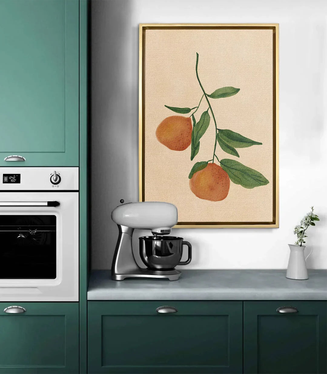 Orange Embrace en cocina moderna verde salvia — cuadro botánico decoración pared Massinart