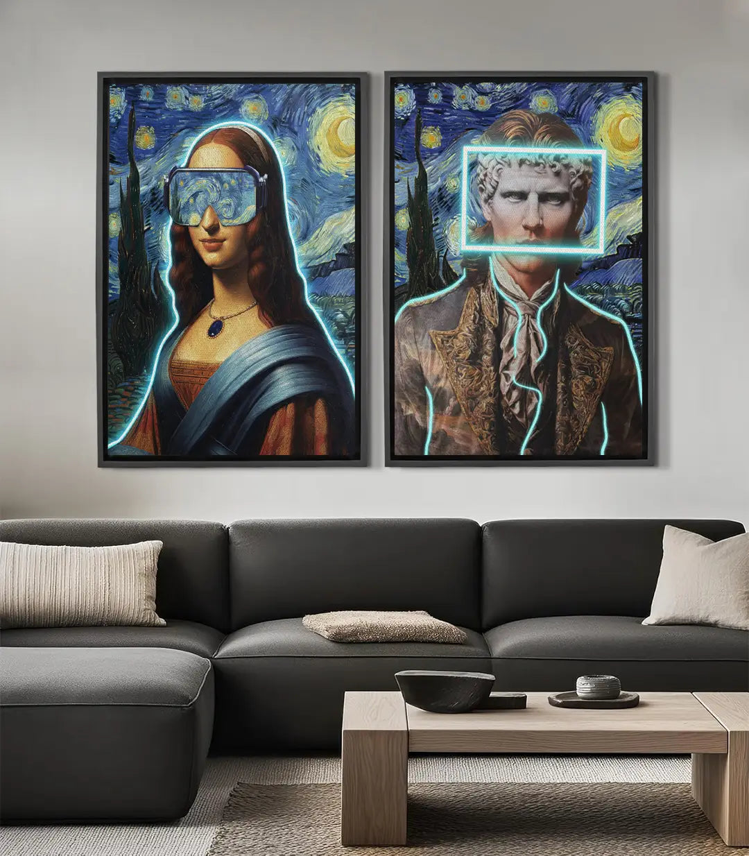 Cuadro La Gioconda neon azul, retrato femenino con gafas espejo sobre fondo estrellado — Massinart