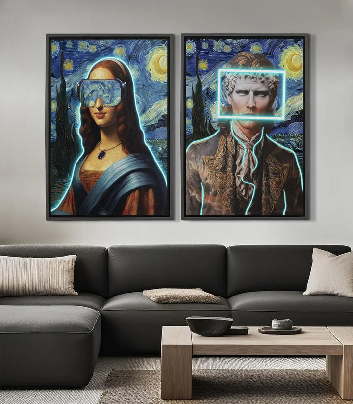Cuadro La Gioconda neon azul, retrato femenino con gafas espejo sobre fondo estrellado — Massinart