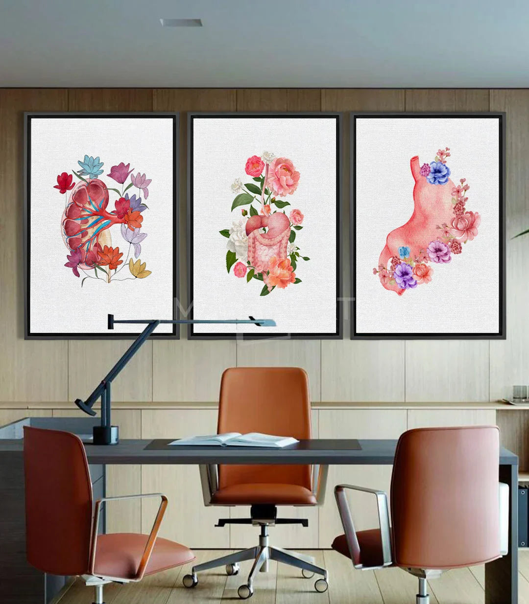 Cuadro Blooming Organs tríptico — corazón y pulmón florales en acuarela rosa y blanco nacarado Massinart