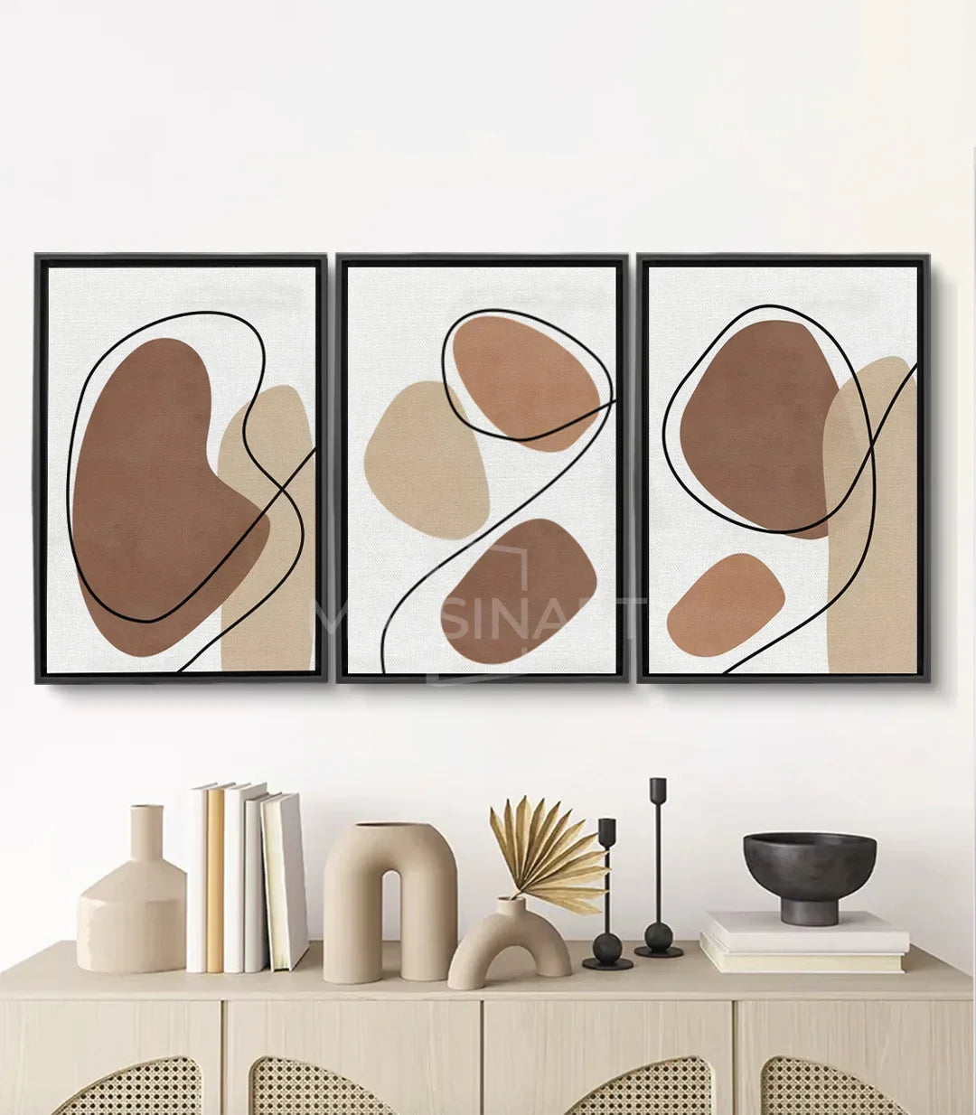 Cuadro Organic Lines tríptico — formas abstractas en beige y marrón, arte mural minimalista Massinart