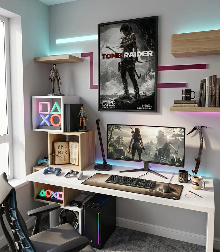 Cuadro decorativo Tomb Raider con la silueta de Lara Croft herida en un paisaje helado, tonos grises y rojo sangre, estilo cinematográfico
