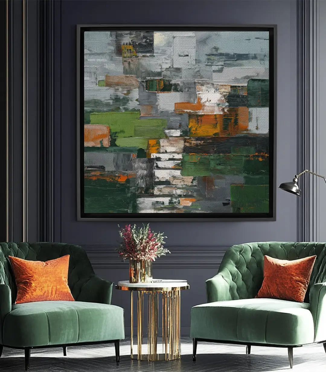 Cuadro abstracto Forest Layers horizontal, capas geométricas naranja gris y blanco — Massinart