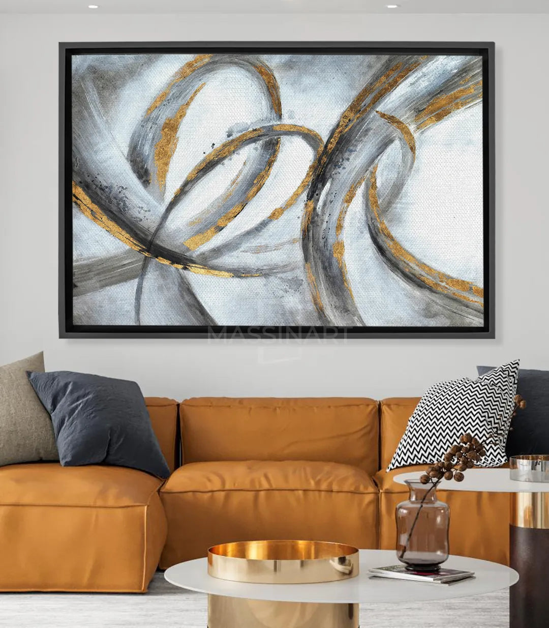 Cuadro Swirl abstracto — formas fluidas gris y dorado sobre fondo blanco — Massinart