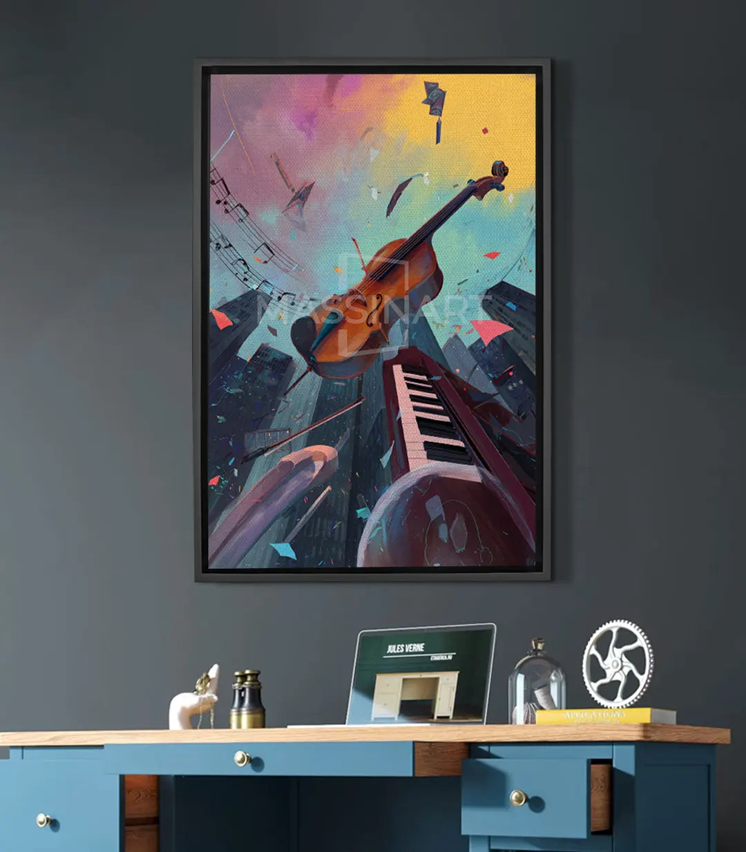 Cuadro Melodic Sky expresionista — violín e instrumentos musicales sobre cielo colorido en rosa, amarillo y azul, Massinart