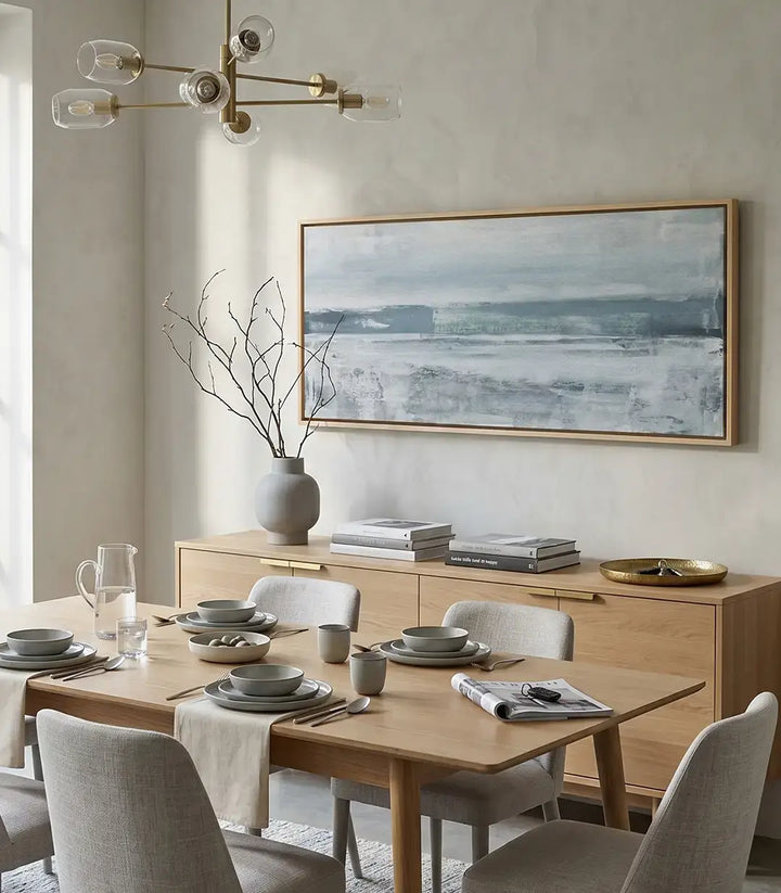 Cool Tide – detalle de lienzo canvas con degradados fríos azul y gris, arte mural minimalista