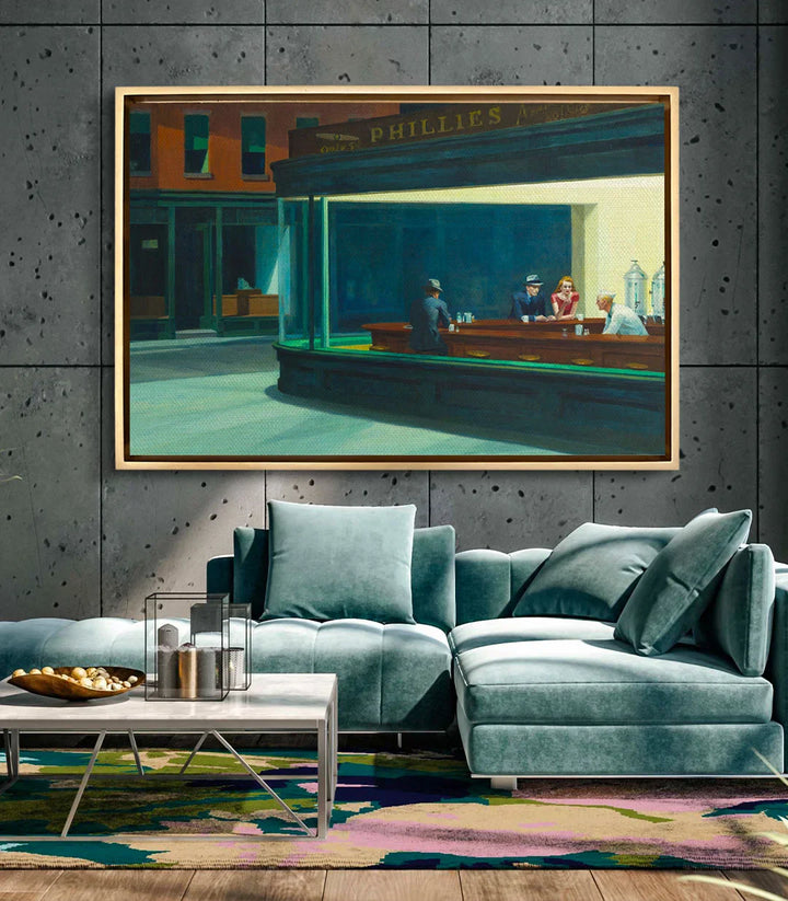 Decoración interior vintage — cuadro Nighthawks, pintura realismo americano, Massinart